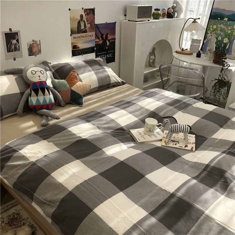 ins水洗灰白色格子床上四件件套全棉纯棉被套床品套件