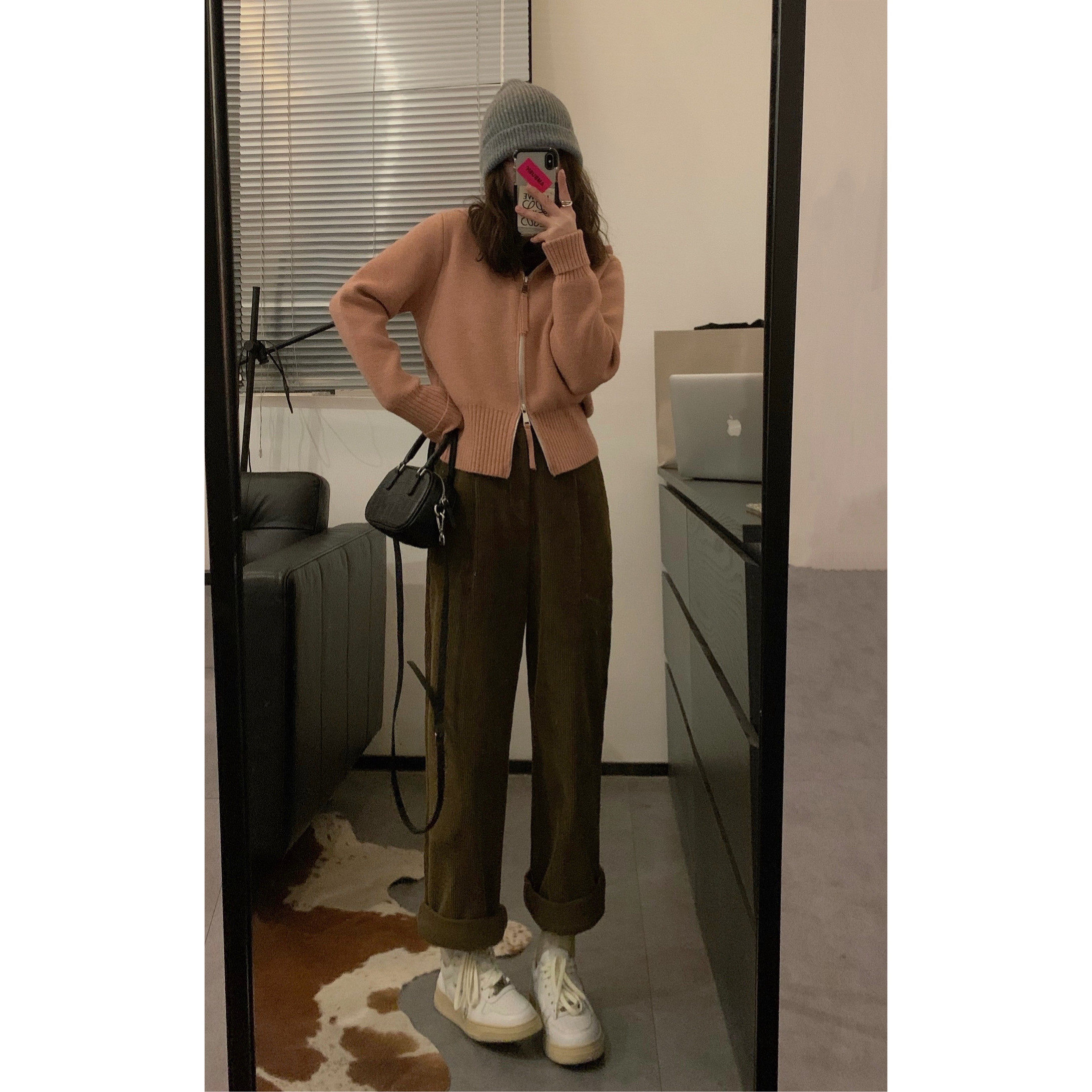 viiwen A4腰chao显瘦 短款连帽双拉链韩系粉色针织毛衣开衫外套