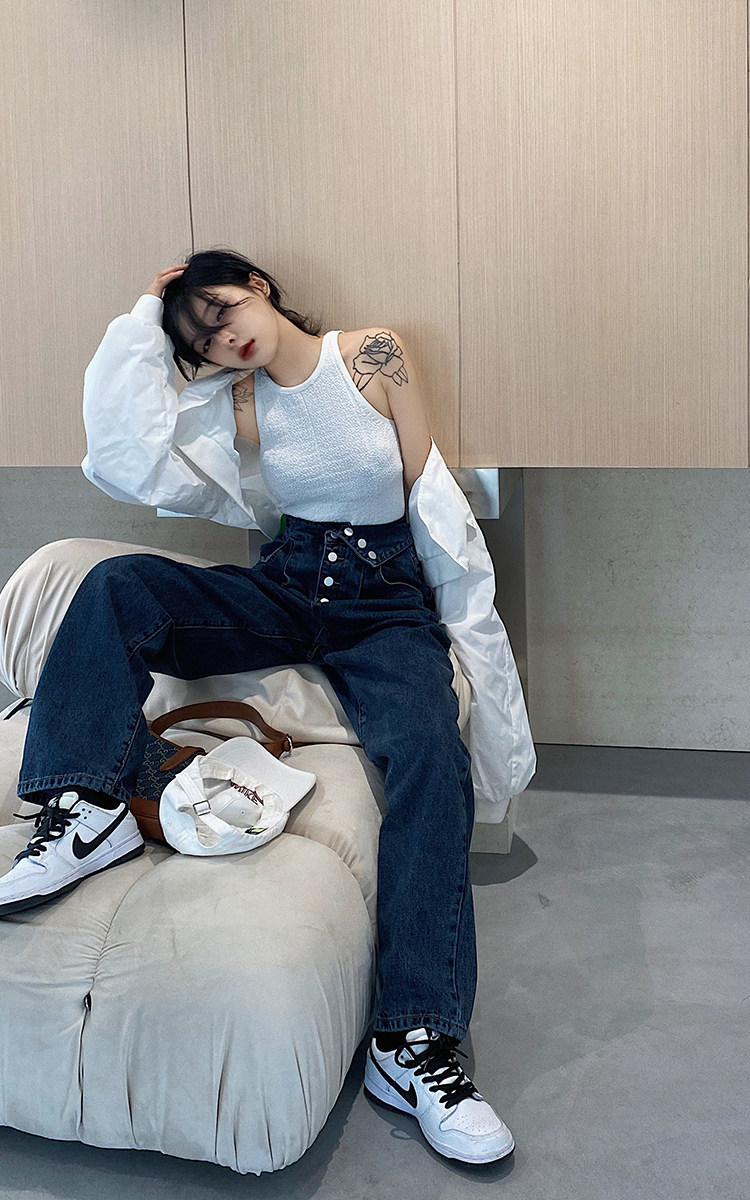 梨形身材大码牛仔裤2022年春夏妹妹高腰宽松松显牛仔裤