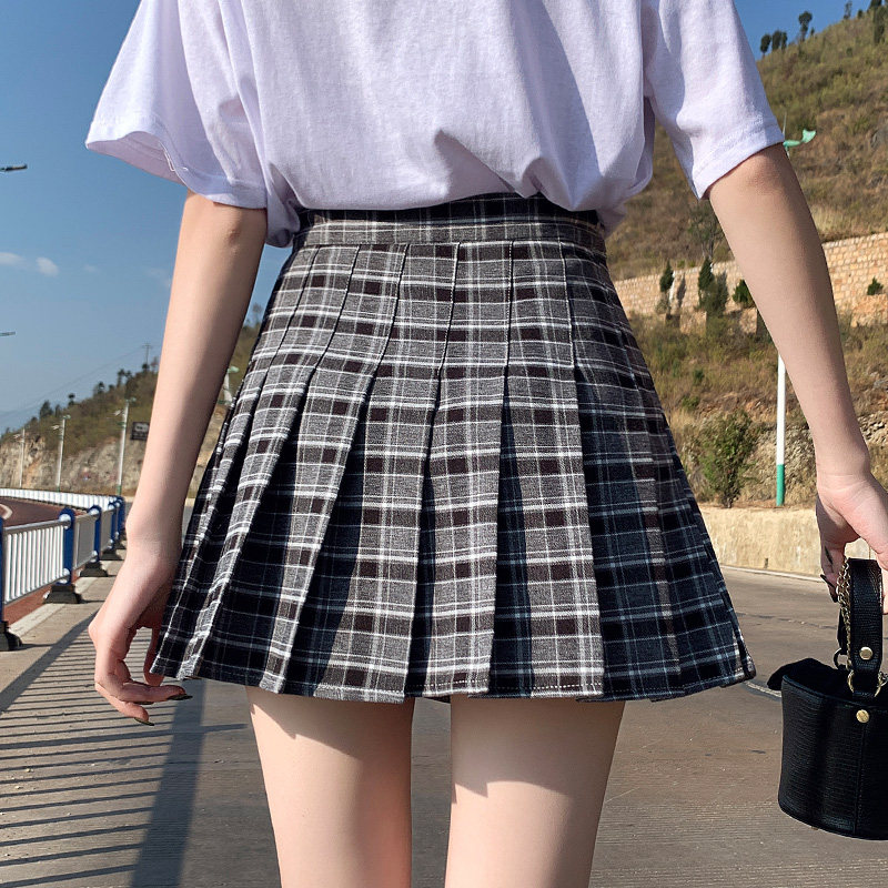 烟灰格子百褶裙短裙秋季2020新款高腰显瘦百搭半身裙