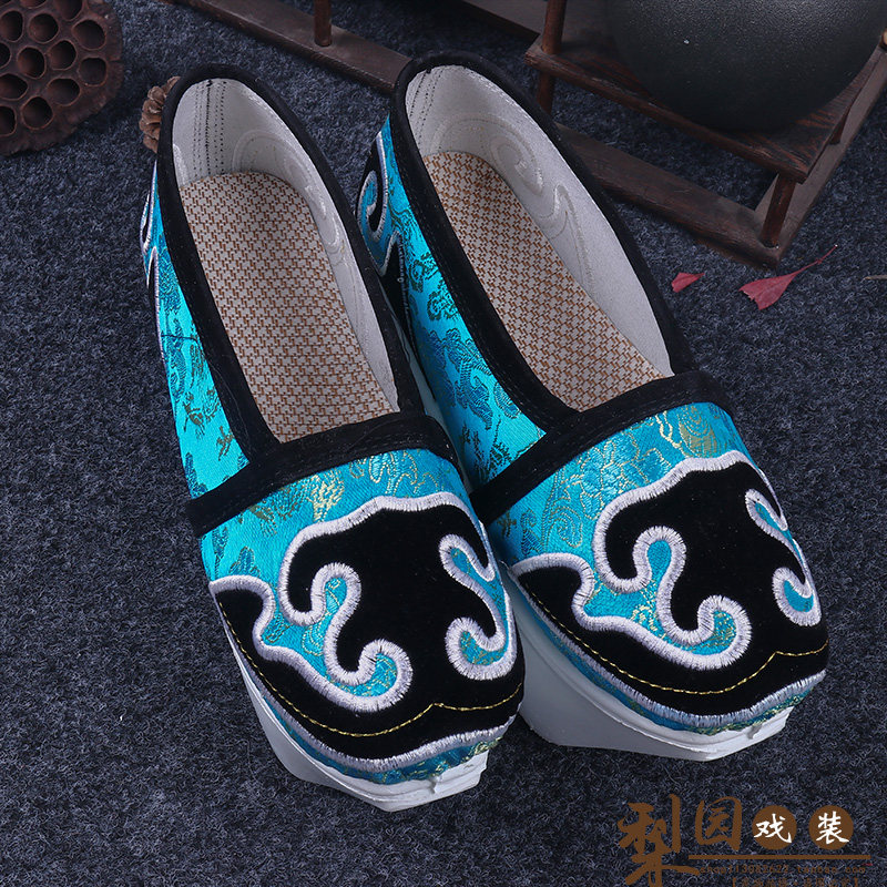 戏曲小生胶底蓝色戏靴男鞋古装鞋子绣花白绣花古典舞配饰