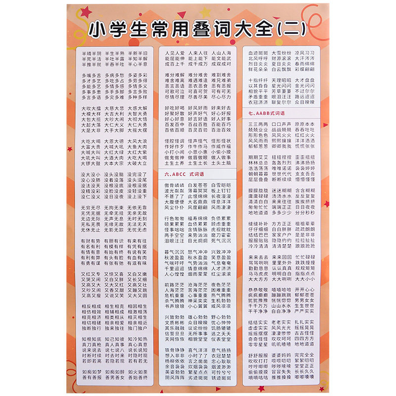 小学生语文二三四五六年级叠词aabb abab词语大全表挂图挂画墙贴