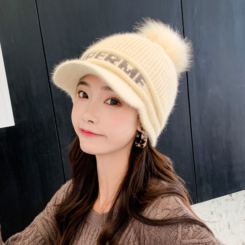 冬季兔毛帽子女韩版潮百搭秋冬加绒毛线帽学生保暖护耳针织鸭舌帽