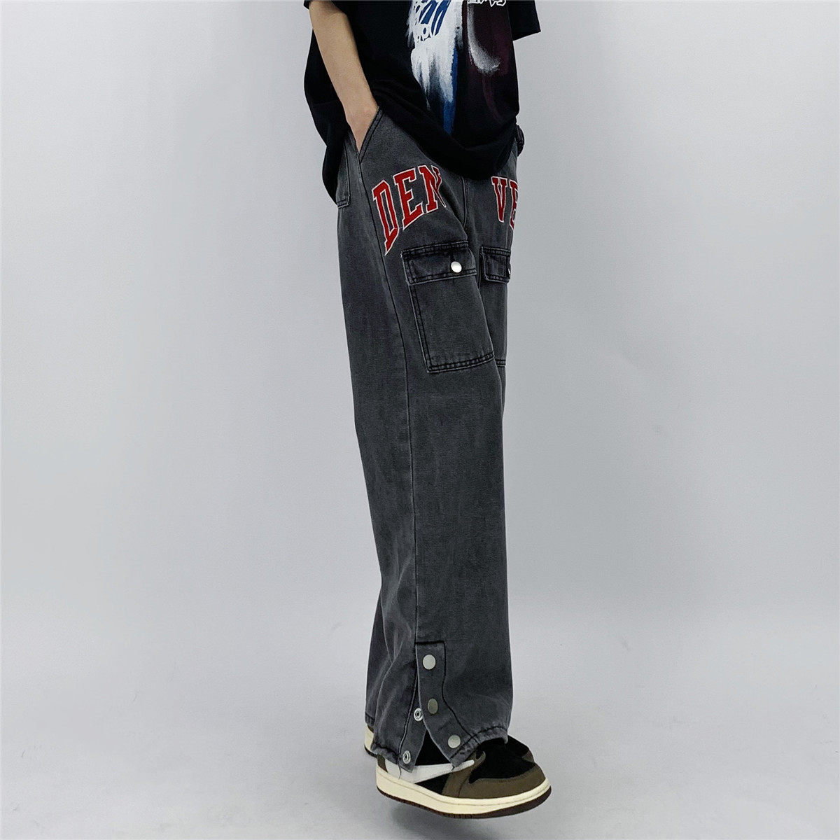 妈个鸡妈ins嘻哈美式高街刺绣字母排扣裤直筒牛仔裤