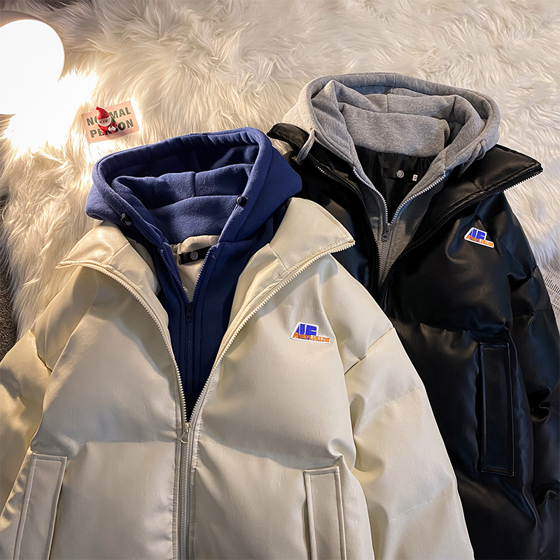 假两件棉衣男冬季韩版宽松PU皮百搭连帽棉服港风潮牌帅气棉袄外套