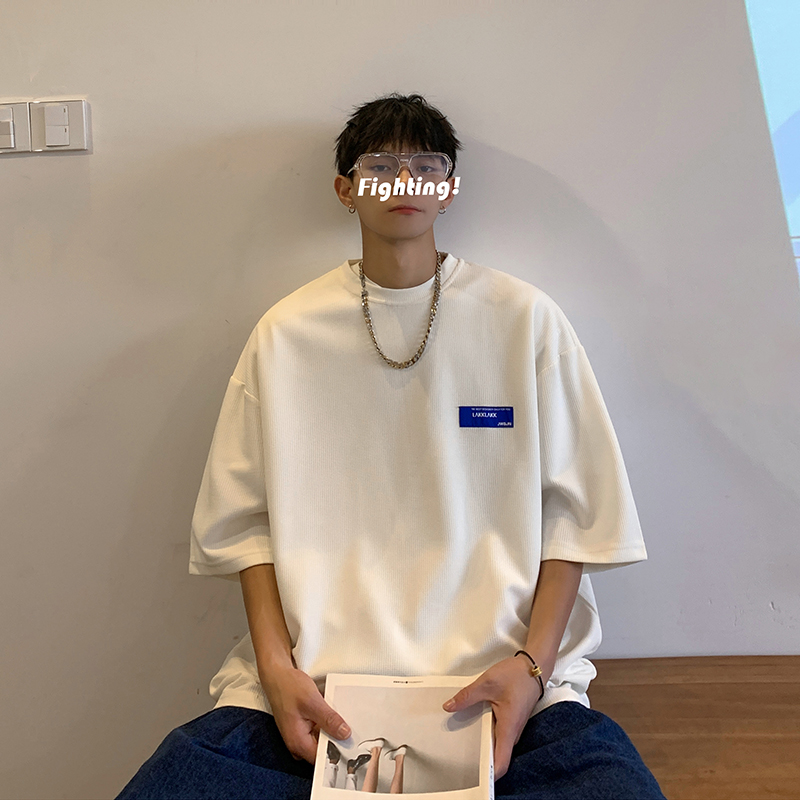 潮牌重磅华夫格短袖t恤男夏季oversize简约宽松纯色半袖港风体恤