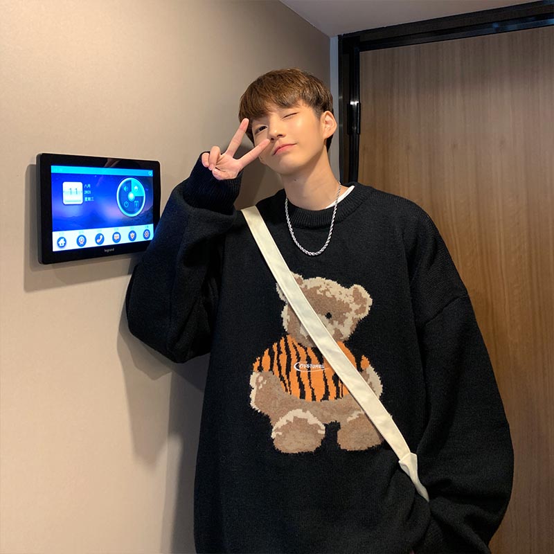 小熊圆领毛衣男秋冬季潮牌刺绣针织衫ins韩版宽松慵懒风加厚线衣