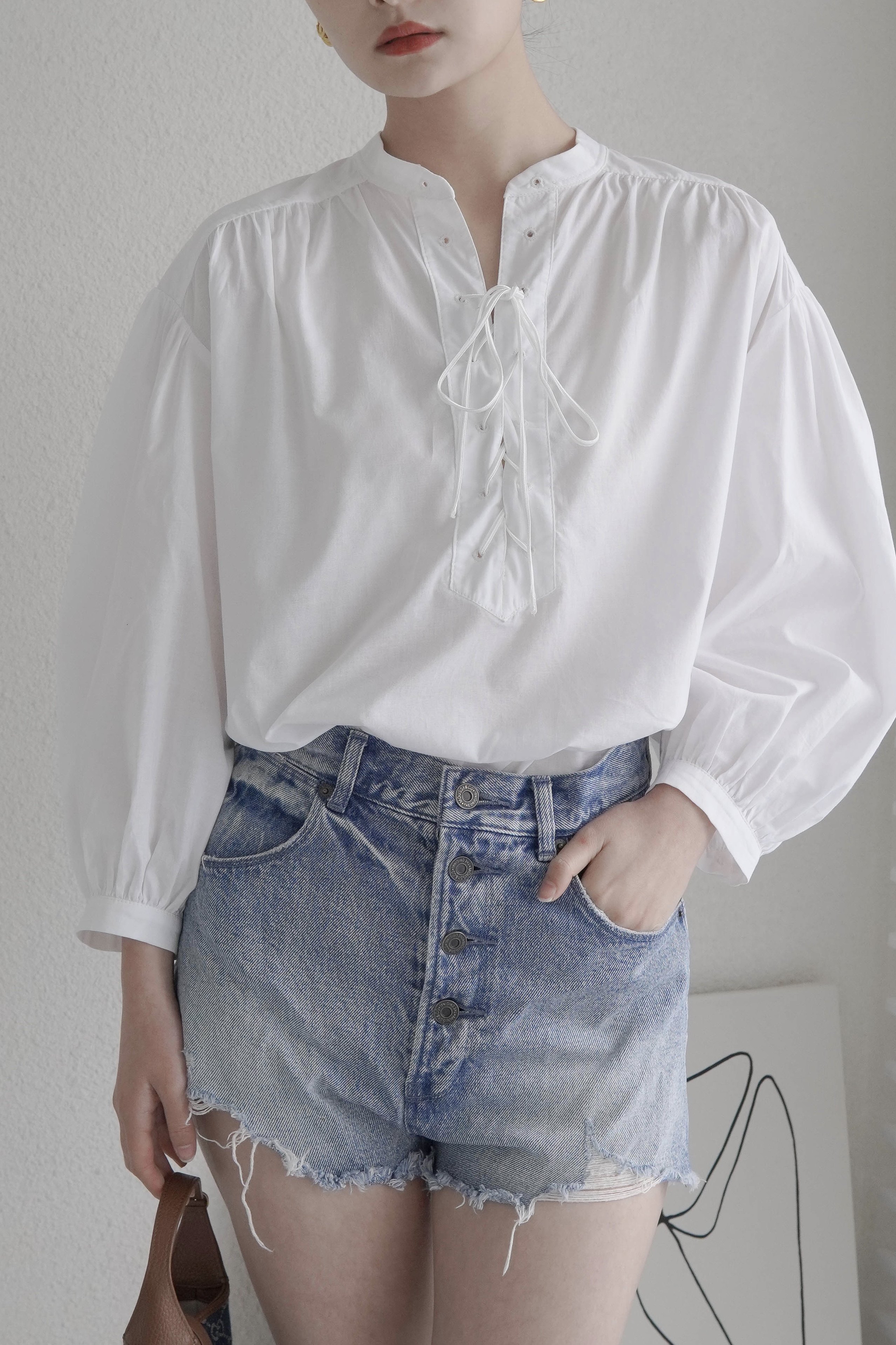 衬衫more2021新款夏季精梳宽松领口系带洋气五分衬衫