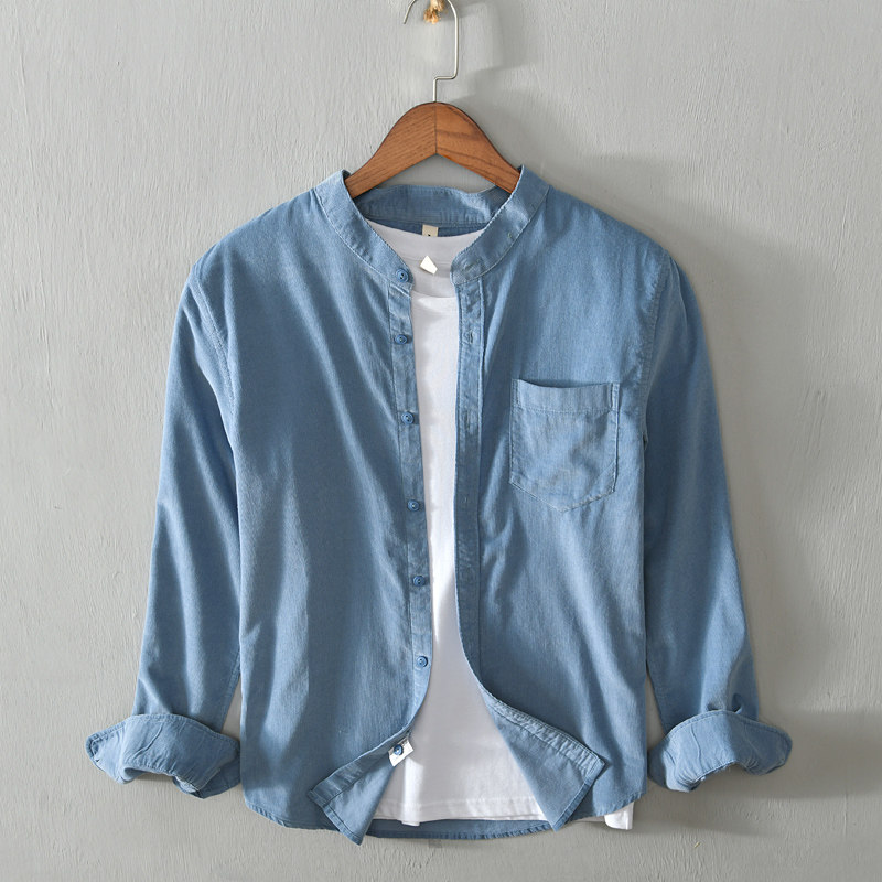 白色无领衬衫长袖韩版潮流工装衬衣复古上衣衬衫