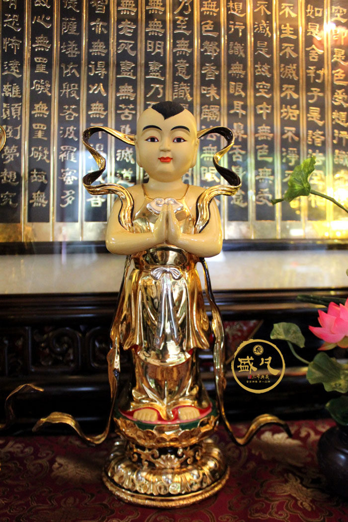 台湾盛凡鎏金金童玉女佛像供奉善财童子龙女道教摆件