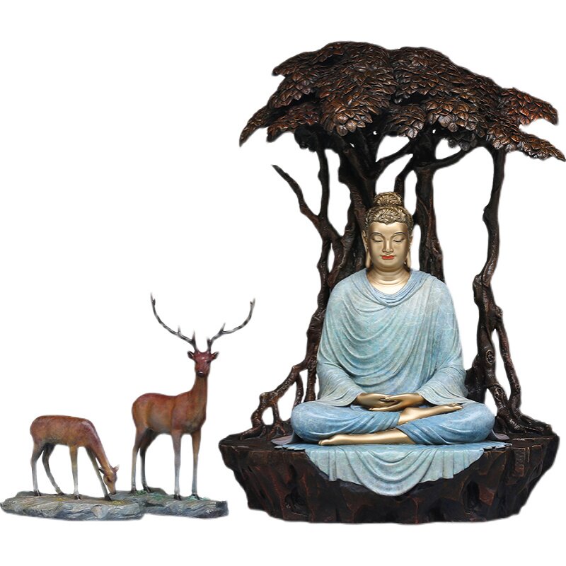 台湾纯铜释迦牟尼佛坐菩提菩提树树下佛陀初转法轮摆件