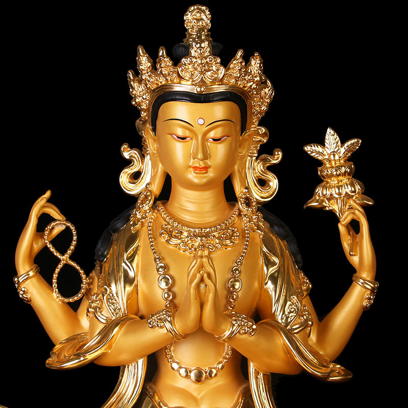 观音台湾贴金四臂佛像家居供奉密宗守护神纯铜摆件
