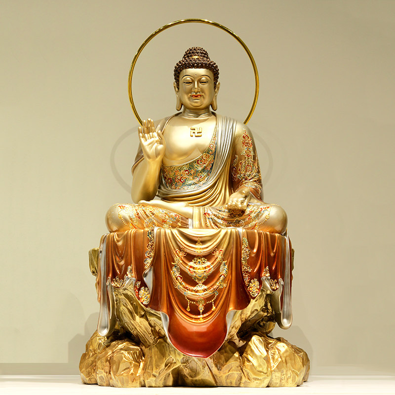台湾佛像彩绘释迦摩尼说法中式大日如来佛纯铜摆件