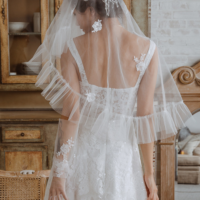 2019新款复古短头纱新娘结婚蕾丝短款荷叶边旅拍旅行婚纱超仙头饰