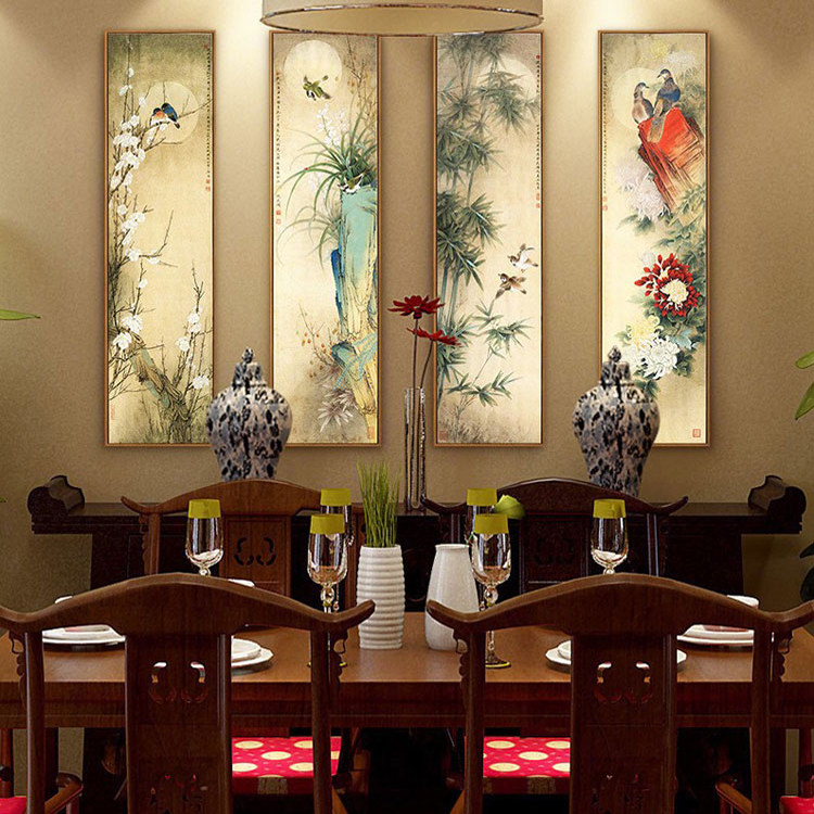 梅兰竹菊挂画新中式客厅墙面装饰画四联茶室壁画水墨禅意中国风