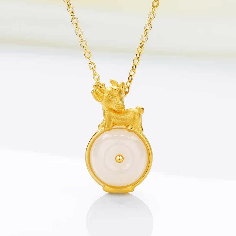 金镶玉吊坠女足金999和田白玉挂坠正品生肖牛玉坠送礼jmzysd019