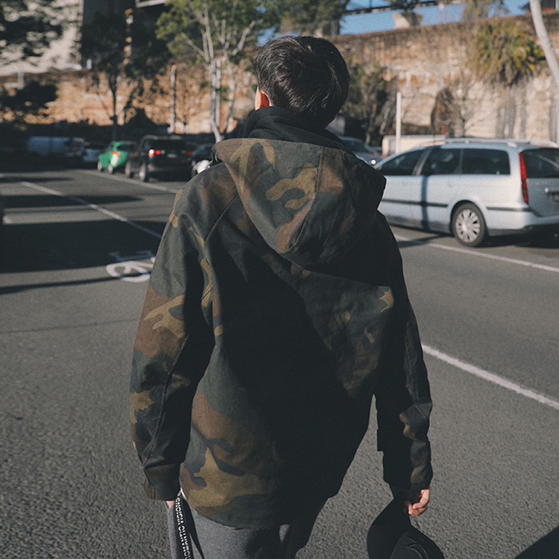 春秋连帽迷彩外套男女韩版潮流套头复古工装帆布百搭帅气宽松夹克