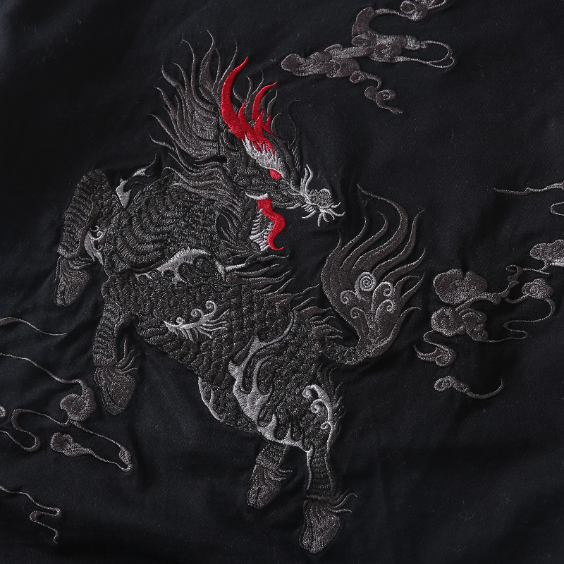 国潮中国风麒麟刺绣黑色宽松大码纯棉半袖ins潮流短袖t恤男上衣 - 街