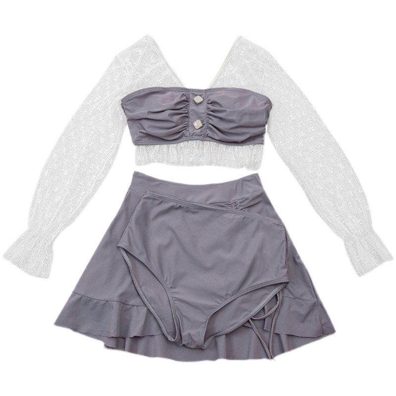 三亚新款分体泳衣女夏长袖保守仙女范遮肚显瘦连体泳衣