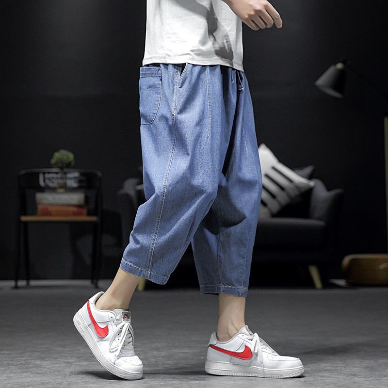 八分牛仔裤男潮牌夏季薄款哈伦裤宽松大码韩版潮流阔腿七分短裤子