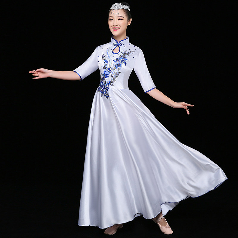 2018新款合唱团服装青花瓷长裙大合唱服民乐二胡古筝演出服女成人