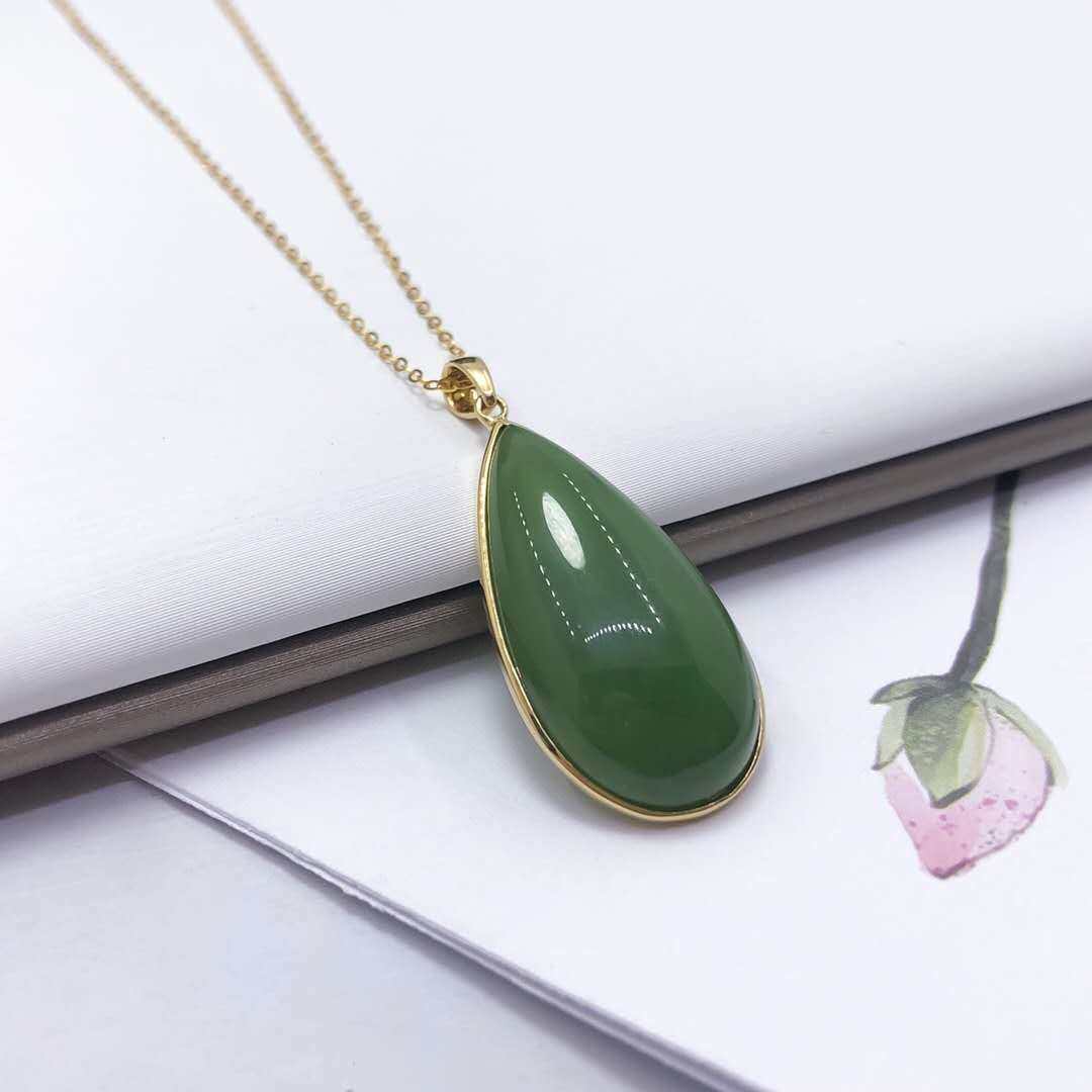 和田包边大气项链水滴碧玉天然金天然18k金镶玉项坠