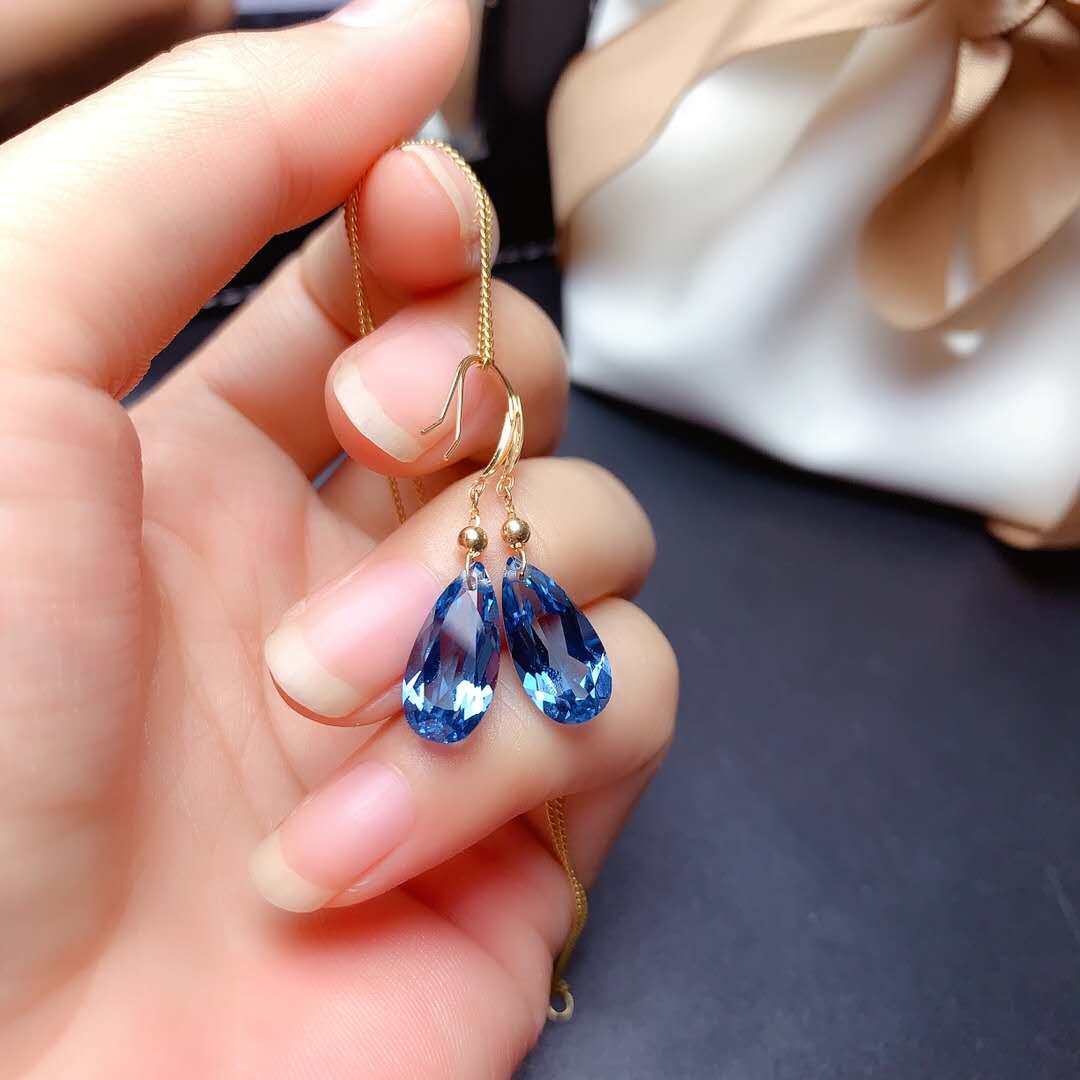 新款18k黄金天然伦敦蓝托帕石水滴耳坠金镶耳环