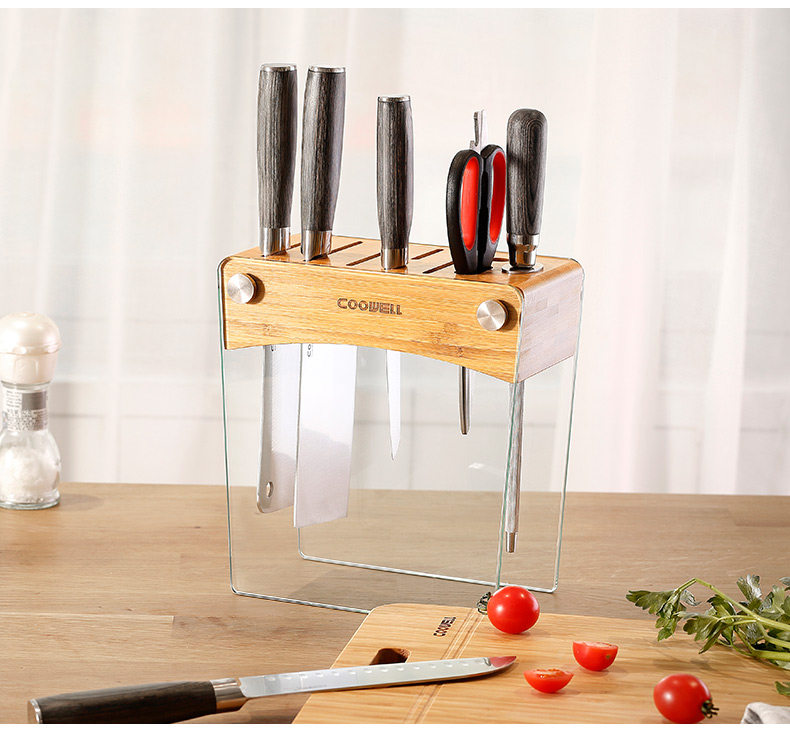 coowell刀具套装厨房家用玻璃刀架菜刀菜板组合切片刀斩骨刀套装