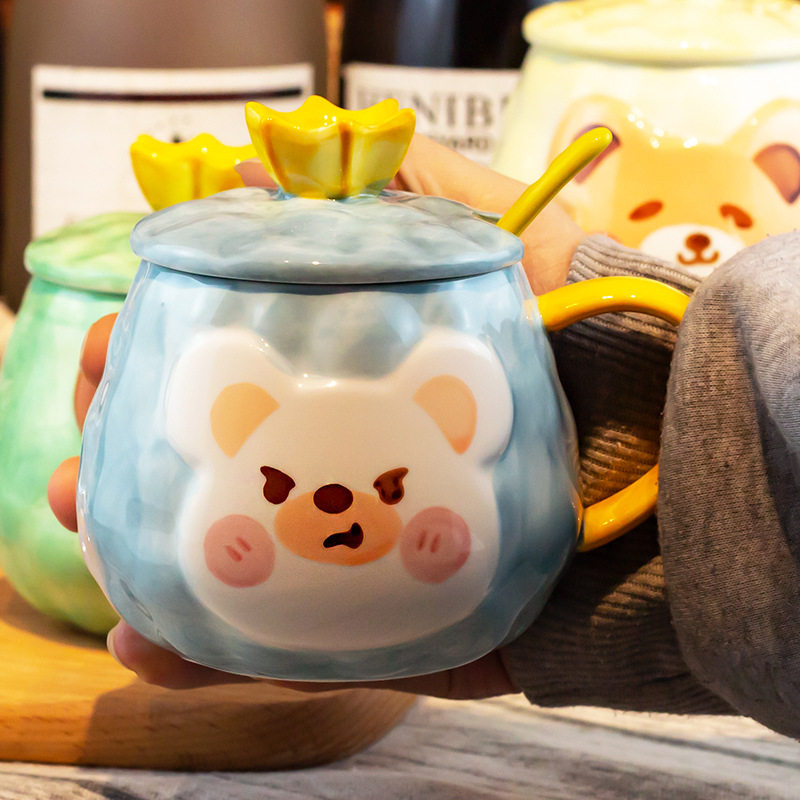 小熊杯子陶瓷马克杯带盖勺吸管可爱情侣一对马克杯