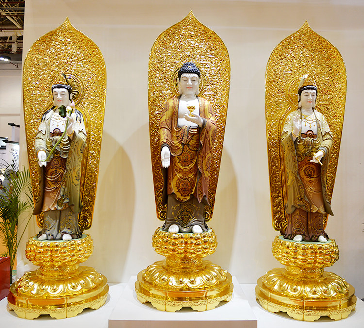 大号天然汉白玉石雕金彩系列西方三圣佛像供奉装饰摆件