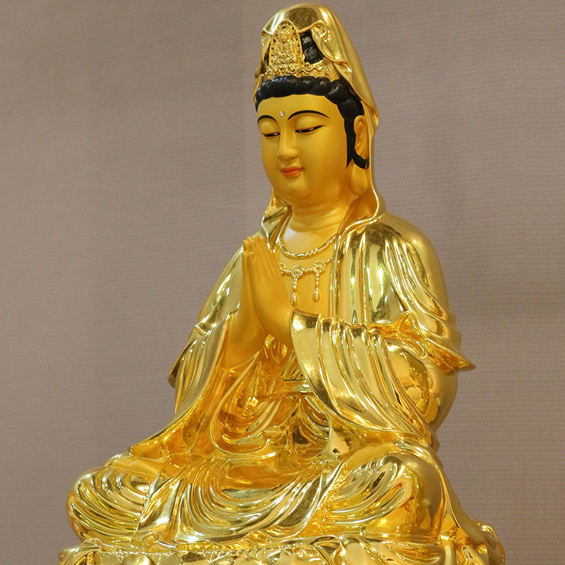 佛像供奉纯铜贴金合掌观音摆件南海观世音菩萨摆件
