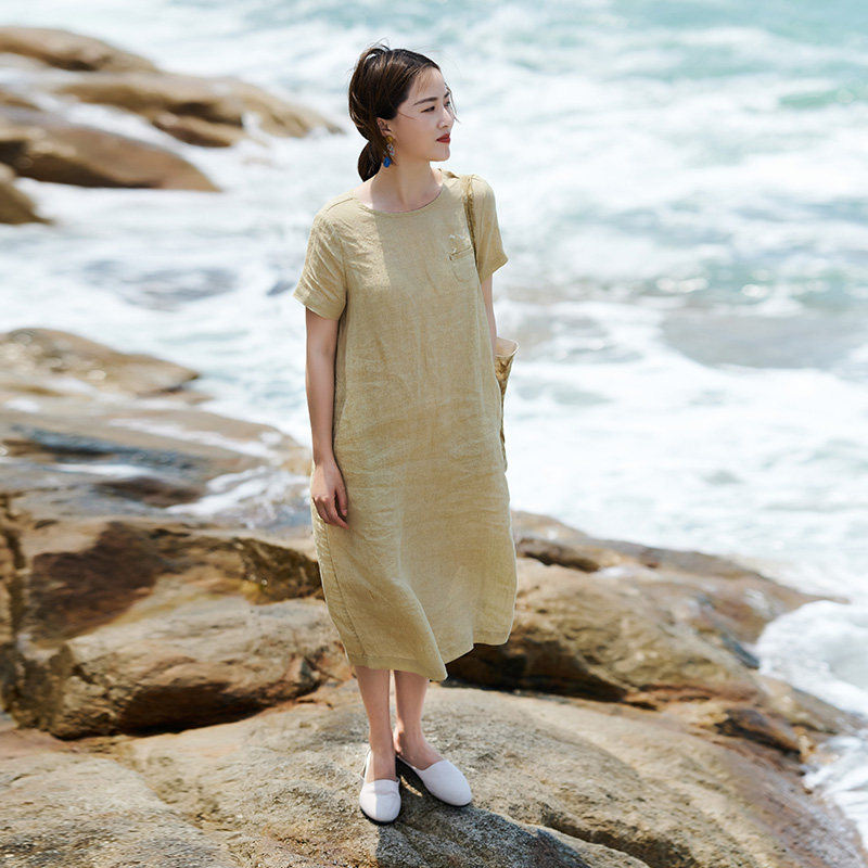 梭家短袖中长棉麻宽松连衣裙圆领亚麻dr1342新款连衣裙