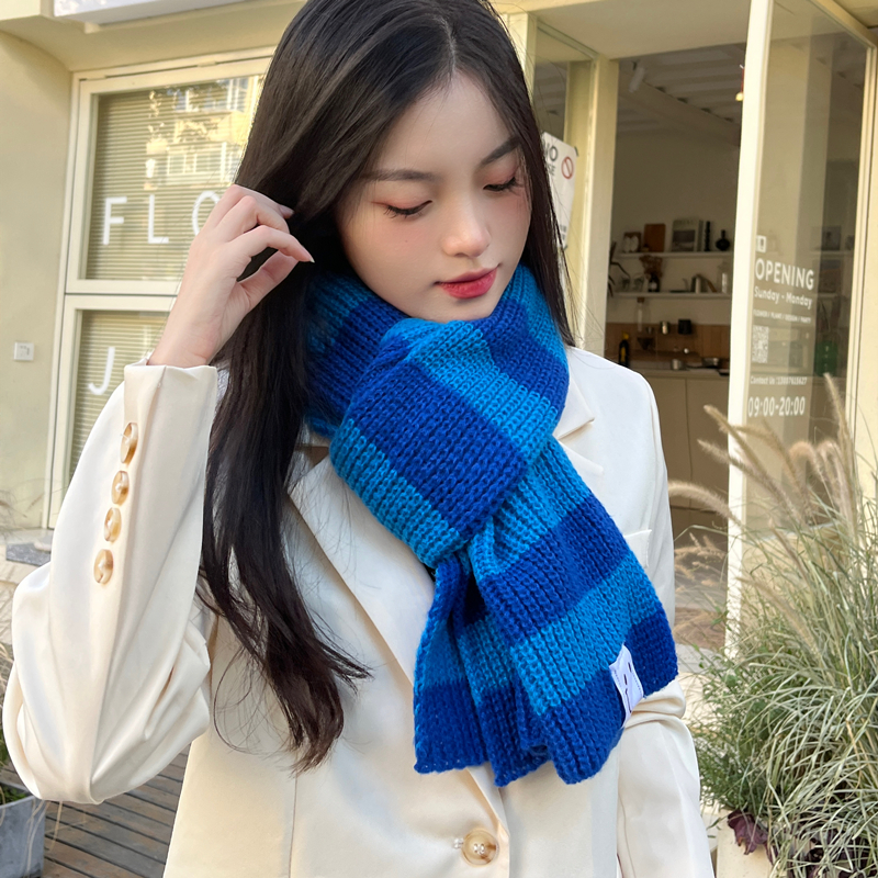 ins韩版克莱因蓝色条纹毛线围巾冬季保暖百搭围巾