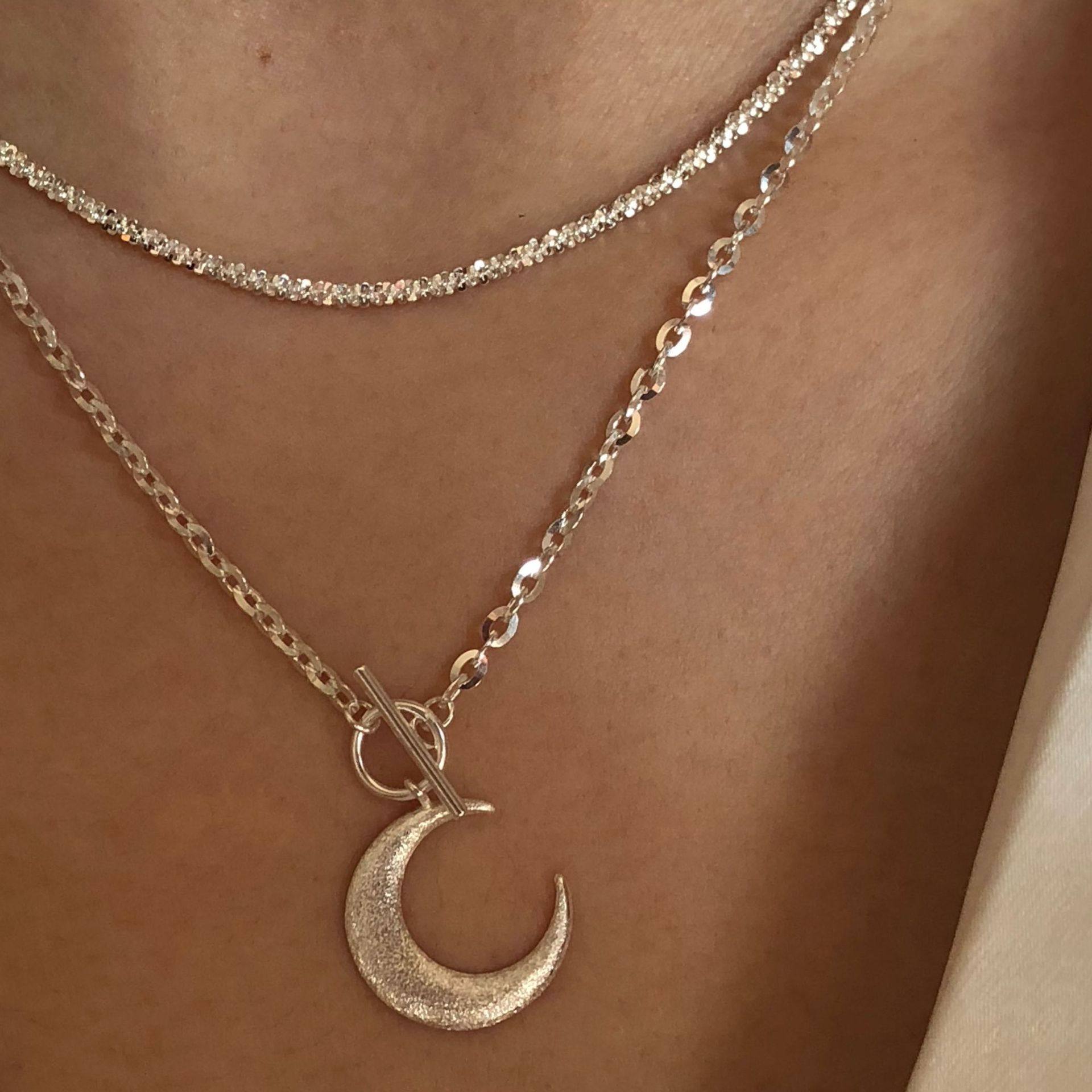 银白色星河系列波光粼粼闪砂月亮通体纯银项链项链