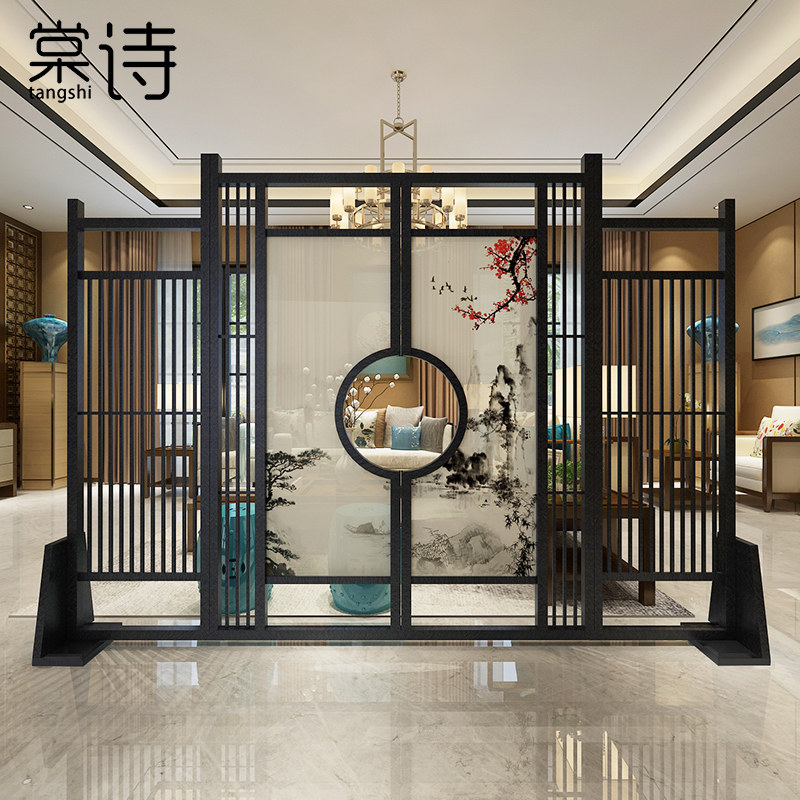 中式古典屏风玄关隔断办公山水半透现代实木座屏