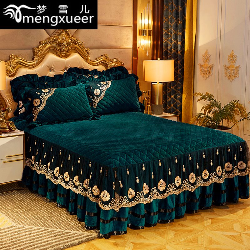 新款网红单件床罩床裙式水晶绒公主三件套加厚法莱绒款蕾丝床套罩