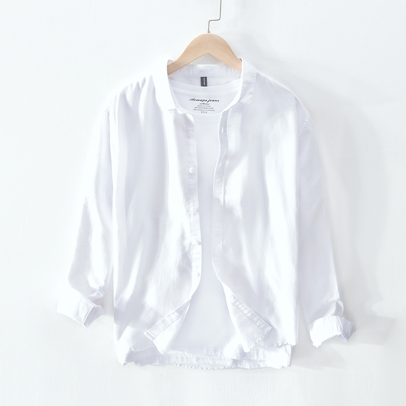 高级感衬衫男设计感秋季白色长袖上衣服夏季亚麻男士春秋款衬衣寸
