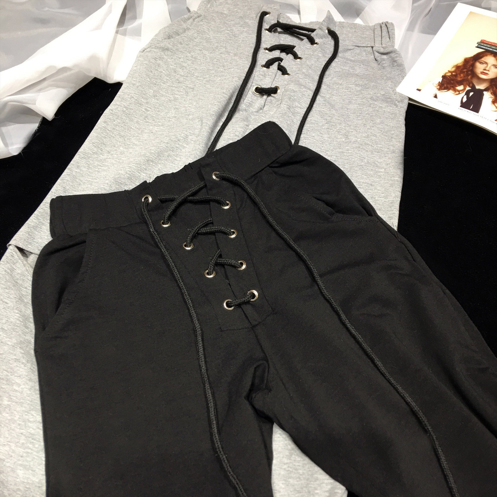 cca自制ins超火的裤子交叉绑带膝盖破洞卫裤收脚灯笼裤运动裤女潮