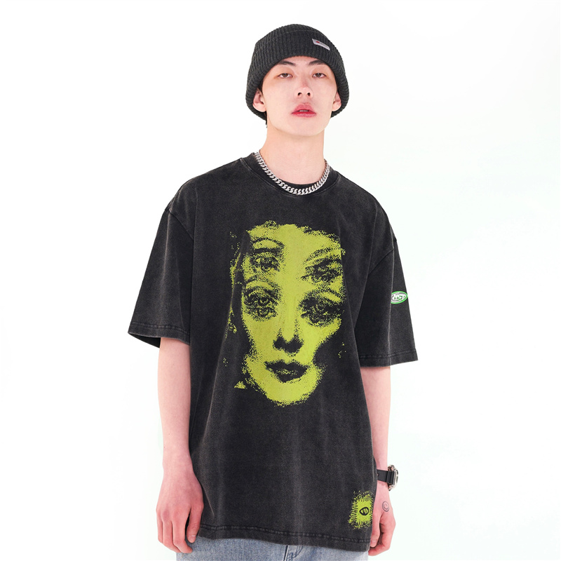 NSTNEW START2022新款短袖男重影不规则人脸情侣潮牌做旧水洗T恤