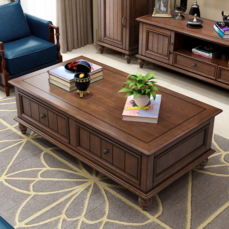 美式乡村全实木茶几电视组合小户型仿古做旧茶桌客厅白蜡木家具