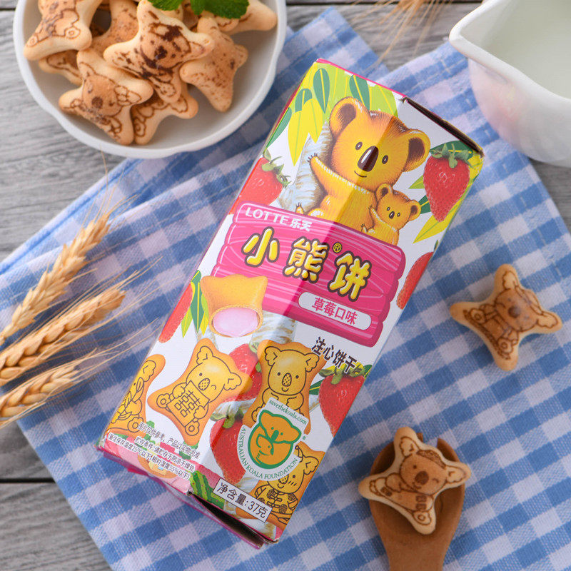 乐天小熊仔饼干37g6盒巧克力草莓可可注心怀旧夹心饼干