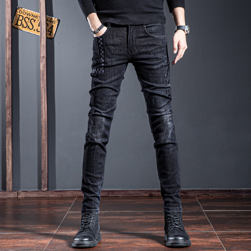 香港高端秋冬款黑色字母刺绣牛仔裤男潮牌修身小脚潮流休闲裤子男