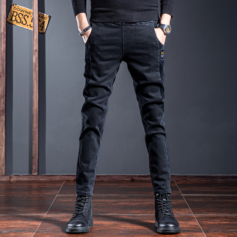 秋冬新款黑色牛仔裤男士修身小脚潮牌韩版百搭休闲弹力长裤子男裤