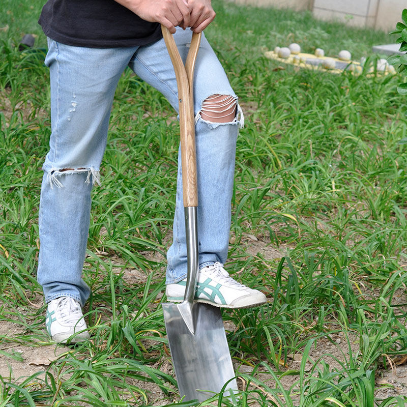 家用手动工具铲园艺木柄不锈钢铲铁锹翻土松土铲土移栽铁锨工兵铲