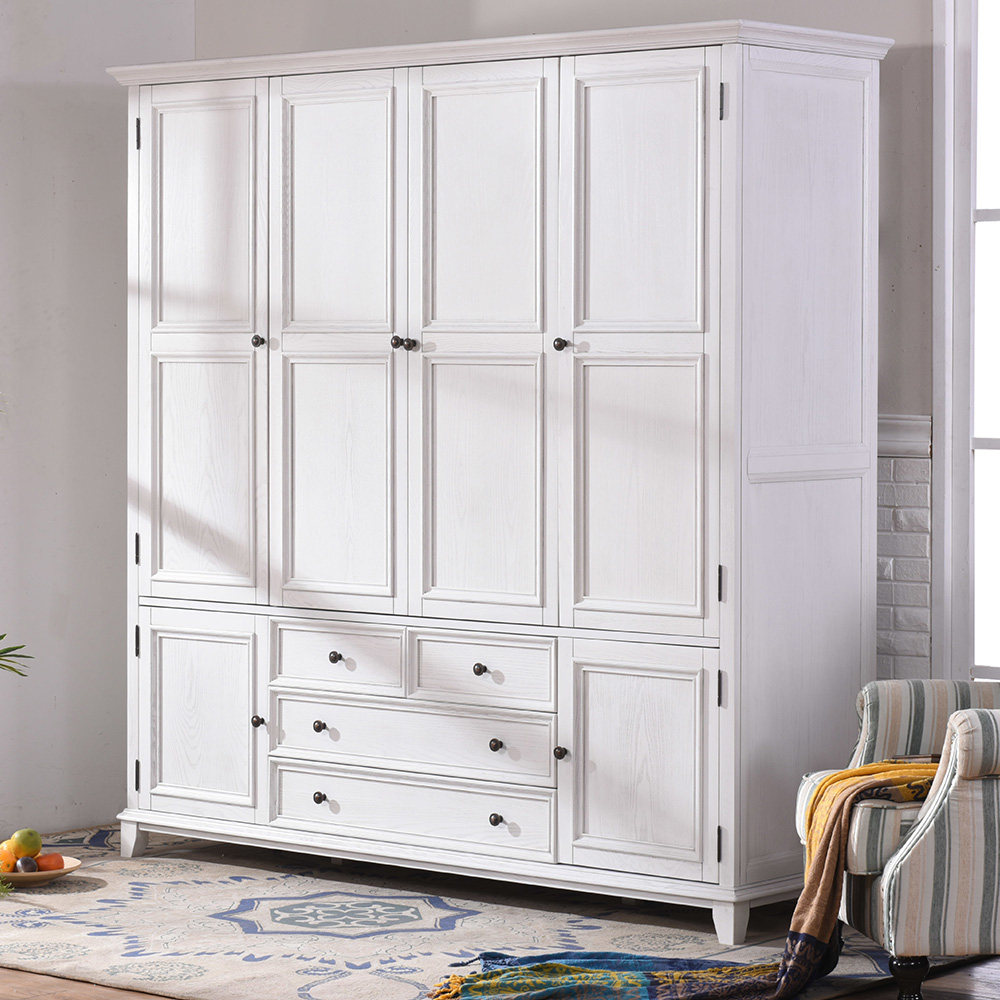 衣柜美式衣橱带抽四门卧室复古白蜡做旧白色衣柜