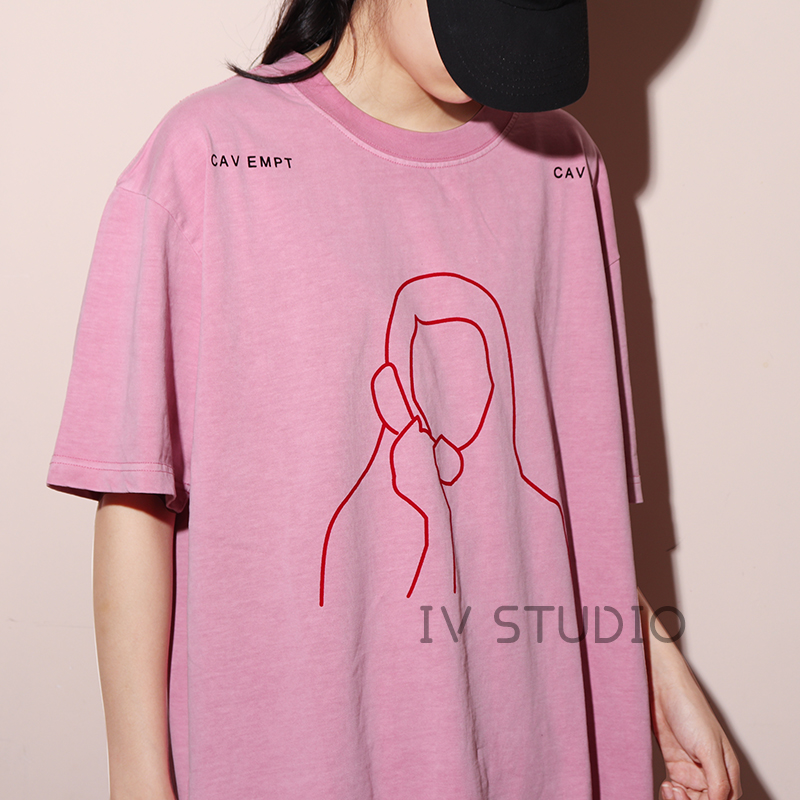 IV STUDIO CAV EMPT C.E 20SS粉色蜡染水洗植绒打电话短袖T恤男女