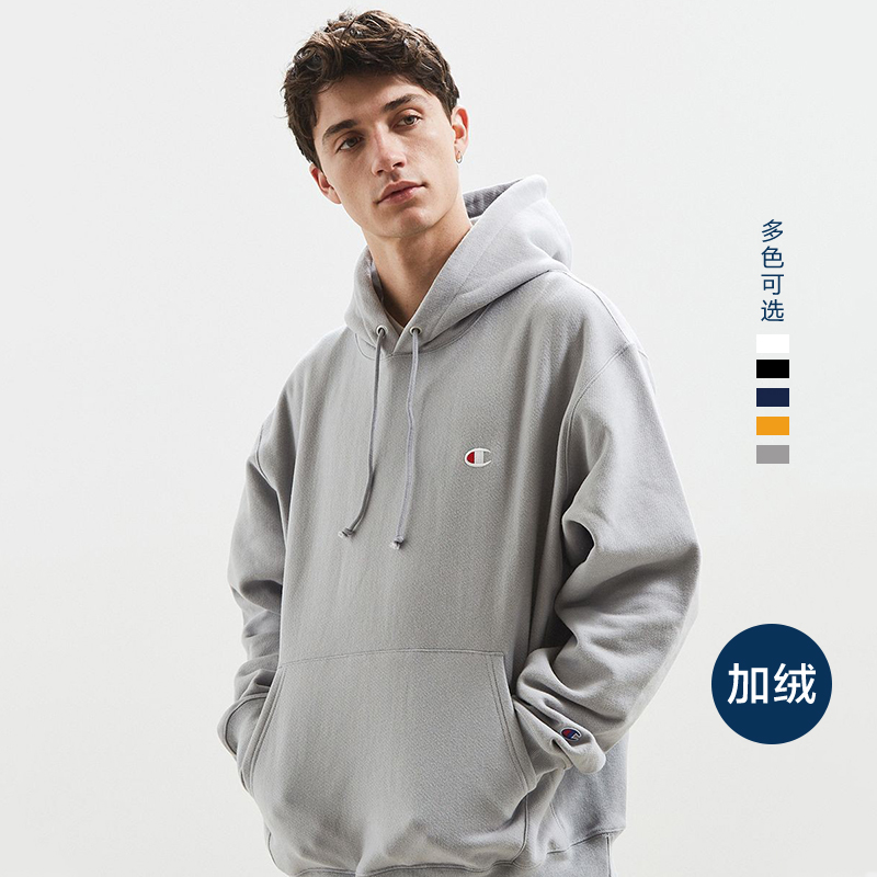 保税champion冠军连帽灰色潮牌加绒life美版运动卫衣男宽松外套春