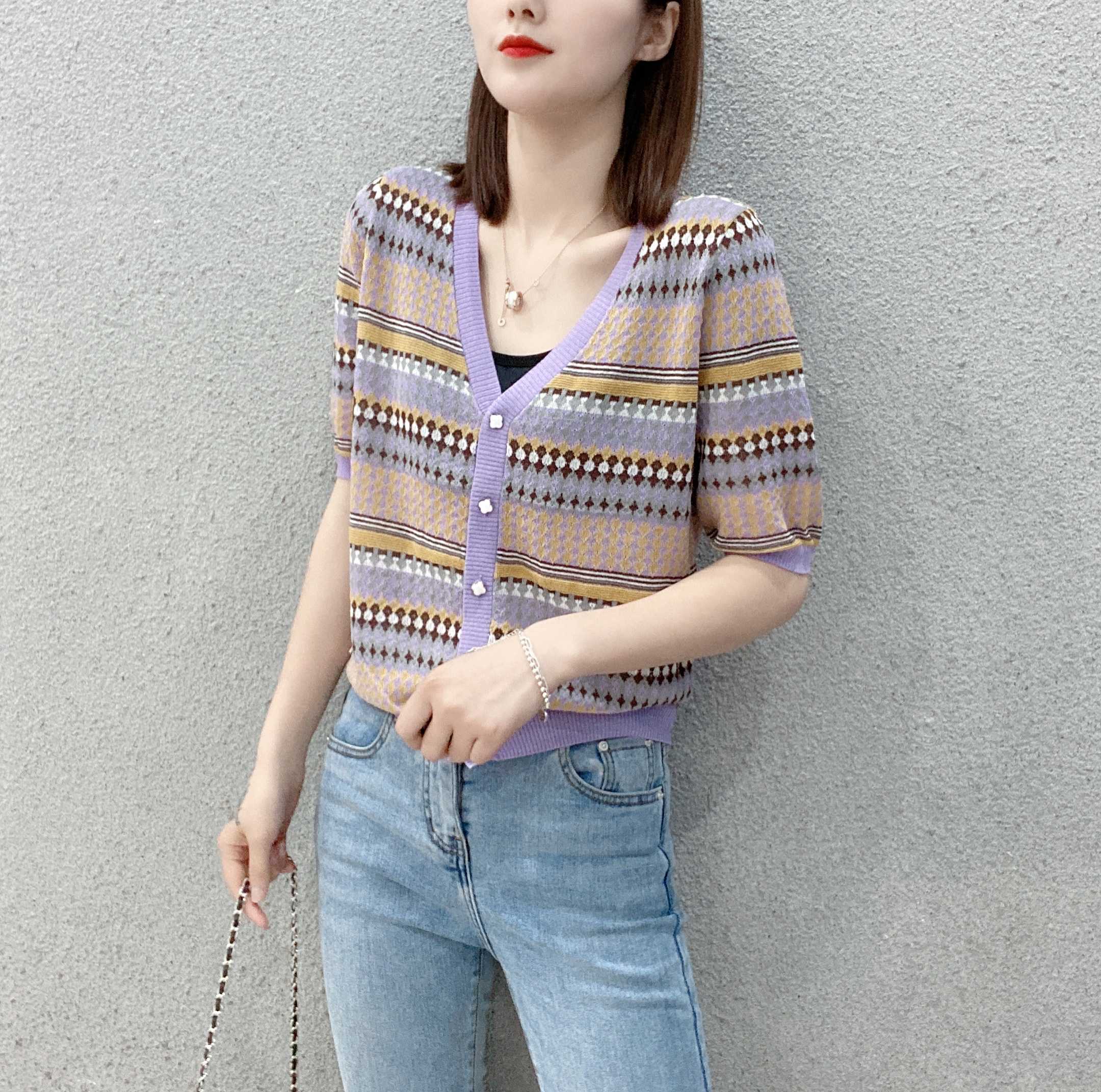 欧洲站2021春季新款撞色短袖亚麻开衫女韩版显休闲毛针织衫