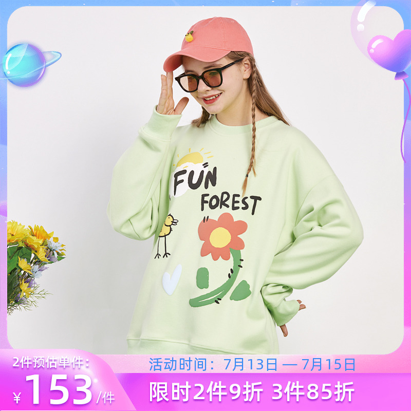 APCE联名FUN FOREST国潮秋季马卡龙色花朵发泡印花情侣圆领卫衣潮