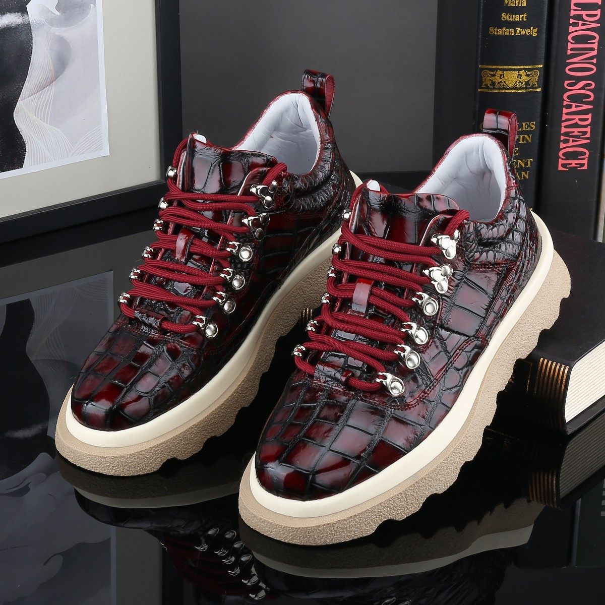 男鞋皮鞋鳄鱼奢侈品运动休闲高帮鞋软底手工私人订制时尚休闲鞋